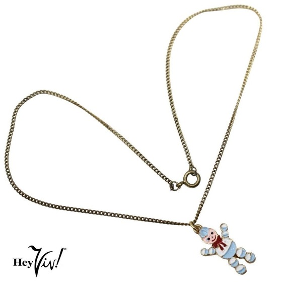 Vintage 80s Enamel Charm Necklace Cute Happy Roly Poly Man 16" Chain - Hey Viv - Picture 3 of 4